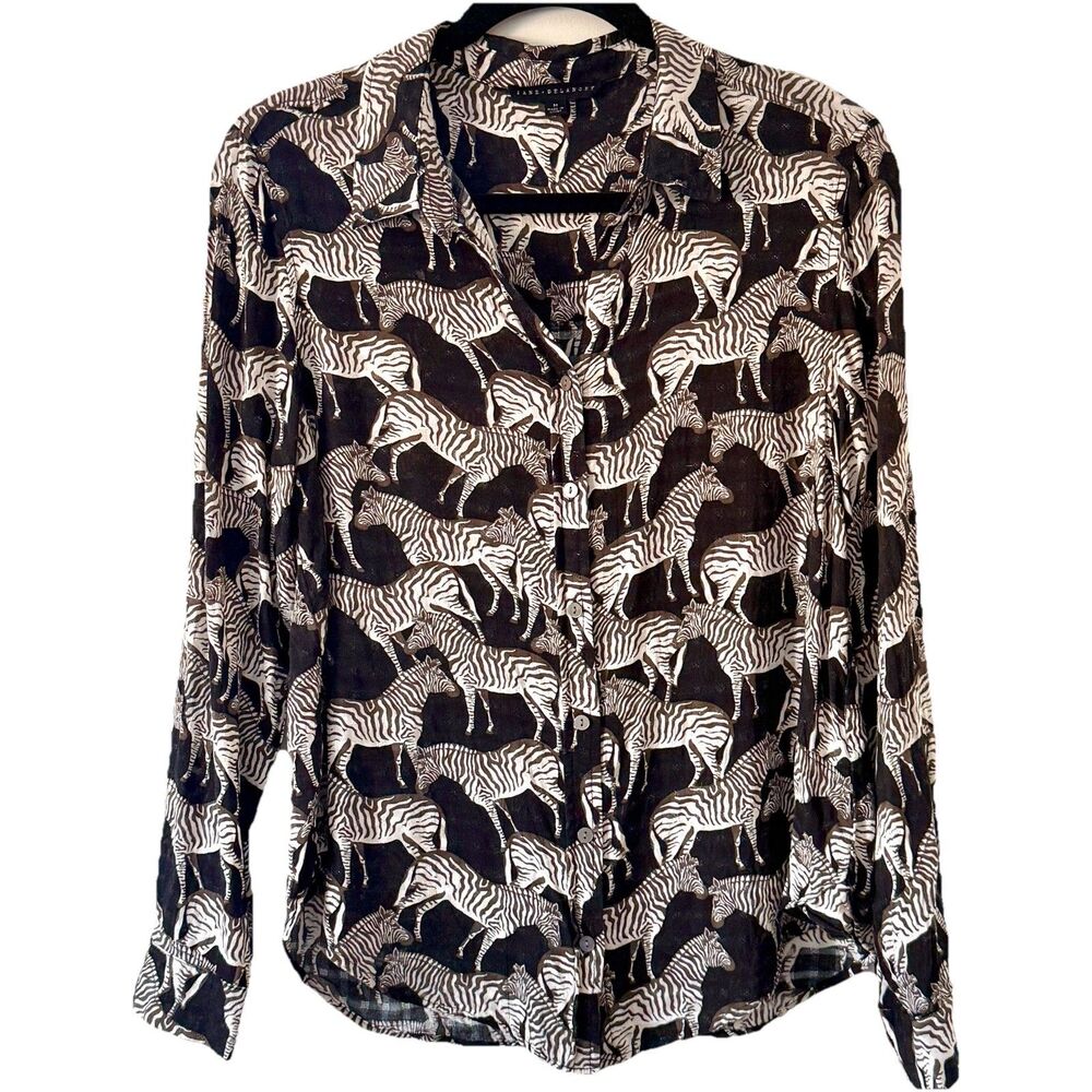 Jane + Delancey Zebra Print Rayon Button Front Blouse Jacquard Weave Sz Medium